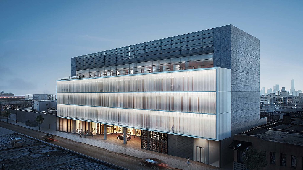 A large building with a glass front.